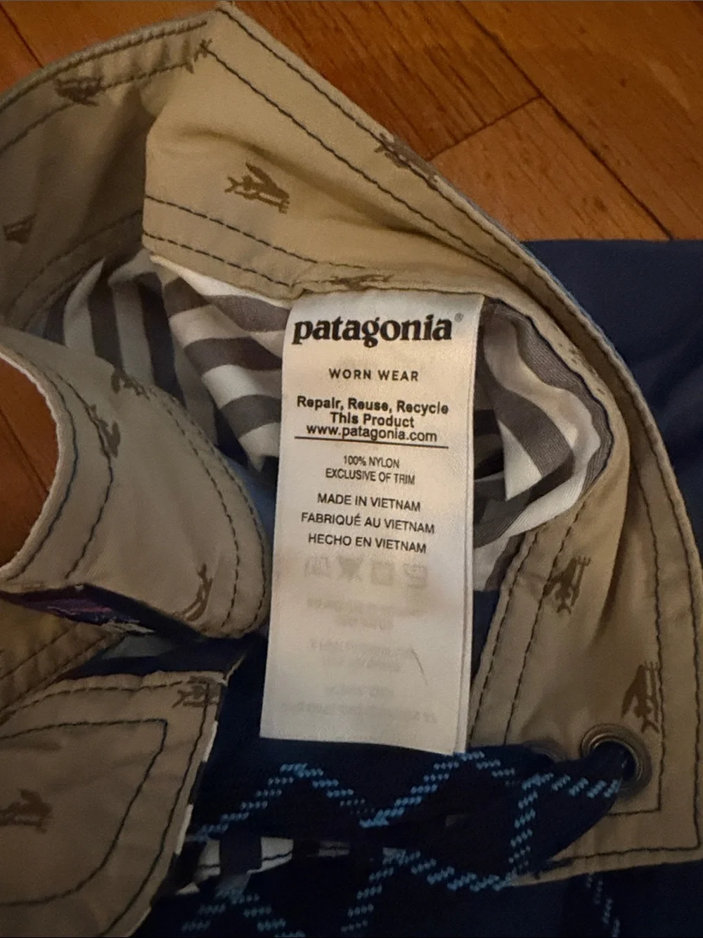 Patagonia Tan and Blue Striped Swim Shorts